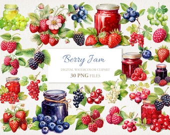 Pakiet akwarelowych clipartów z dżemem jagodowym w formacie PNG. Ilustracja AI z truskawką i maliną. Natychmiastowe pobranie do użytku komercyjnego. Dziennik śmieci. Opakowanie 30 sztuk.
