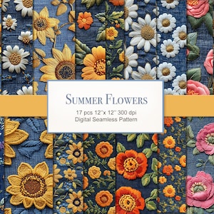 Hippie Summer Flowers Floral Denim Seamless Pattern Paper Pages. Commercial Use. Crafting, Scrapbook, Fabric, Junk Journal. 17 PACK
