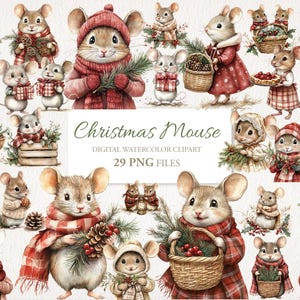 May include: A digital watercolor clipart set titled "Christmas Mouse" featuring numerous adorable mice in festive attire. The mice are depicted with winter accessories, holding baskets, gifts, and pinecones, creating a charming holiday theme.