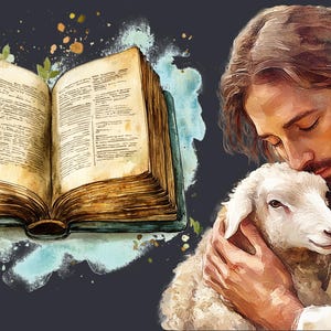 May include: A painting of a man holding a white lamb in his arms. The man has long brown hair and a beard. The background is a watercolor wash of blue and green.