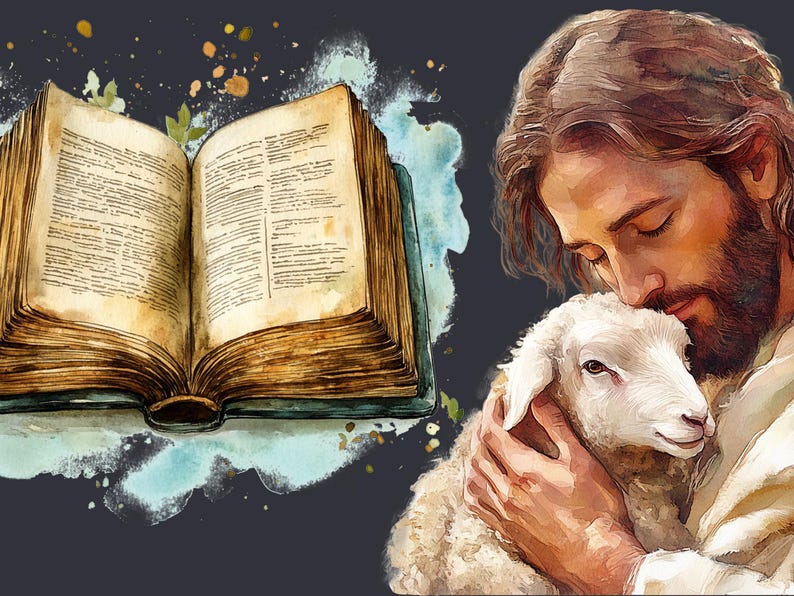 May include: A painting of a man holding a white lamb in his arms. The man has long brown hair and a beard. The background is a watercolor wash of blue and green.
