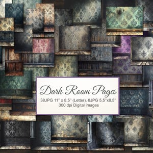 May include: A collage of digital images featuring various dark room designs with distressed wallpaper and wooden floors. The images include a variety of colors, including red, blue, green, and purple. The text "Dark Room Pages" is displayed on a white rectangle.