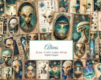 Puede incluir: Una colección de imágenes digitales con retratos y escenas de extraterrestres estilizados. Las imágenes son de estilo vintage, con una variedad de colores y detalles. El texto "Aliens" se muestra en una etiqueta rectangular.