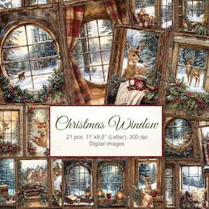 May include: A collage of digital images featuring various window scenes with a Christmas theme. Each window depicts a winter landscape with deer, snow, and festive decorations. The text "Christmas Window" is displayed on a white rectangle.