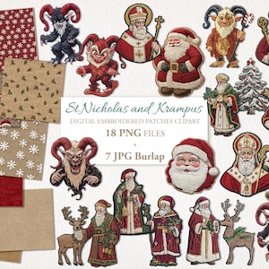May include: A digital clipart set of 18 embroidered patches featuring St. Nicholas and Krampus. The set includes images of Santa Claus, Krampus, angels, and other Christmas characters. The patches are perfect for adding a festive touch to your crafts and projects.