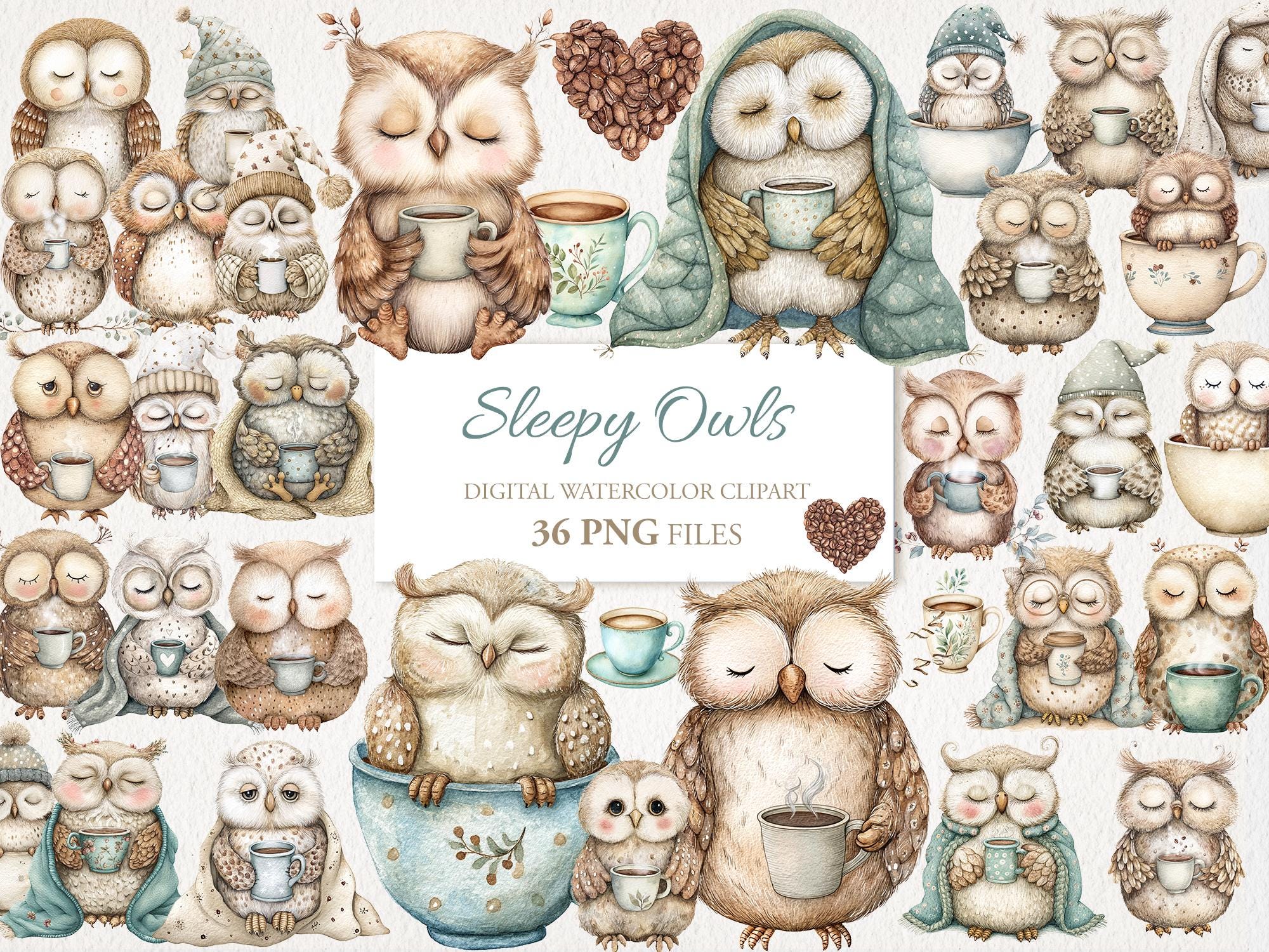 Cute Sleepy Owls Coffee Watercolor Clipart Bundle. AI Illustration. Commercial Use. Junk Journal Car