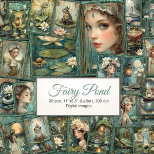 May include: A selection of digital images with a fairy theme. The illustrations depict fairies, frogs, and water lilies in teal, green, and cream tones. The text "Fairy Pond" is displayed on a white rectangle, along with the image dimensions of 27.94cm x 21.59cm.