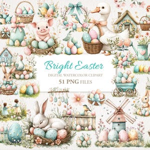 Helles Pastell Ostern Aquarell Clipart Bundle. Häschen, Tiere, Eier. KI Illustration. Kommerzielle Nutzung. Sammelalbum Junk Journal Karten. 51 PNG
