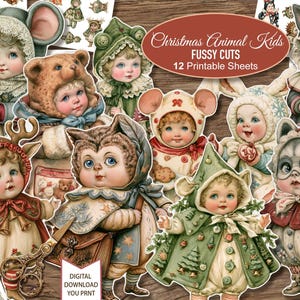 Pode incluir: Uma coleção de 12 folhas imprimíveis com recortes de Christmas Animal Kids. As imagens mostram crianças em vários trajes de animais, incluindo renas, ursos, ratos e corujas, com detalhes festivos. O texto diz: Christmas Animal Kids FUSSY CUTS 12 Printable Sheets e DIGITAL DOWNLOAD YOU PRNT.