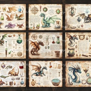 May include: Nine vintage-style illustrations of dragons with various colors and poses, surrounded by potion bottles, scrolls, and other magical objects. Each illustration is set on a parchment background with handwritten text.