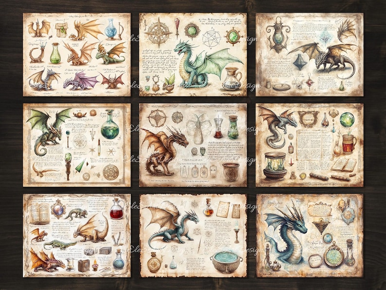 May include: Nine vintage-style illustrations of dragons with various colors and poses, surrounded by potion bottles, scrolls, and other magical objects. Each illustration is set on a parchment background with handwritten text.