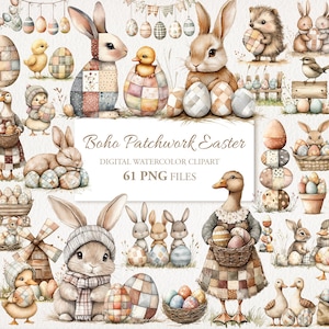 Può includere: Set di clipart ad acquerello a tema pasquale, con coniglietti, pulcini e anatre, e uova con disegni patchwork. L'immagine presenta elementi decorativi in colori pastello.