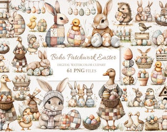 Puede incluir: Conjunto de imágenes prediseñadas de acuarela con temática de Pascua, con conejos, pollitos y patos, y huevos con diseños de patchwork. La imagen presenta elementos decorativos en colores pastel.