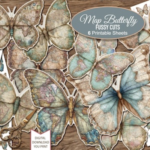 Könnte beinhalten: Eine Sammlung von Schmetterlingen aus Papier mit Vintage-Kartenmuster. Die Schmetterlinge sind in Braun-, Blau- und Cremetönen gehalten. Der Text "Map Butterfly Fussy Cuts" und "6 Printable Sheets" ist sichtbar. Eine goldene Schere ist ebenfalls vorhanden.