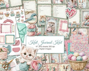 Kit de agenda y diario tejido a mano. Estilo shabby chic cottagecore, recortes, efímeros, páginas y papel artesanal. Descarga digital. Paquete de 47 unidades.