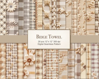 Beige Farmhouse Towel Fabric Seamless Pattern. Texture Digital Craft Paper Bundle. Commercial Use. Scrapbook, Junk Journal, Fabric. 28 PACK