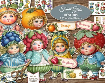 Obst Mädchen Papierpuppen Fussy Schnitte. Junk Journal Ephemera. Digitaler Download. 9 JPG