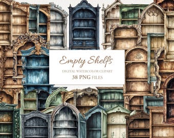 May include: A digital clipart set of 38 empty shelves in various styles and colors, including blue, green, and brown. The shelves are painted in a watercolor style and have intricate details. "Empty Shelf's" and "Digital Watercolor Clipart" are written in the center of the image.
