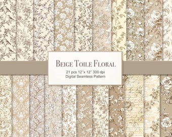 May include: A collection of beige and cream-colored digital seamless patterns with floral and bird designs. The patterns include roses, vines, and script. The image includes the text "BEIGE TOILE FLORAL" and "21 pcs 12"x 12" 300 dpi Digital Seamless Pattern."