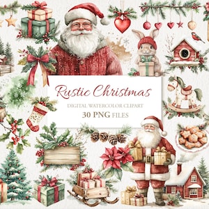 Pacchetto Clipart acquerello rustico rosso verde Natale inverno. Illustrazione AI. Download digitale. Uso commerciale. Diario spazzatura. 30 PNG