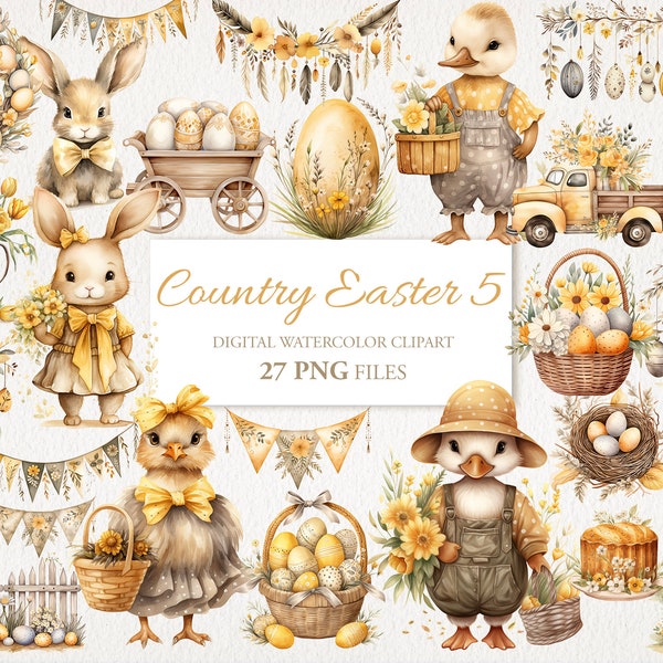 Country Farmhouse Easter Watercolor Clipart PNG Bundle. AI Illustration. Instant Download for Commercial Use. Junk Journal Card. 27 PACK