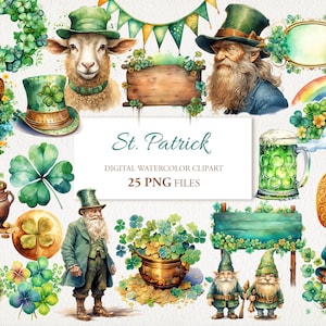 St. Patrick Day Watercolor Clipart PNG Bundle. AI Illustration. Instant Download for Commercial Use. Junk Journal Card. 25 PACK
