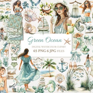 Pacote de Clipart em PNG com Aquarela de Garota de Férias e Viagem ao Oceano Verde. Download instantâneo. Uso comercial. Cartões de diário de lixo. Pacote com 71