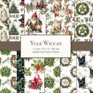 May include: A digital paper pack with 17 seamless patterns featuring a Yule theme. The patterns include illustrations of goats, owls, crystals, stars, wreaths, and the words "Yule" and "Jule".