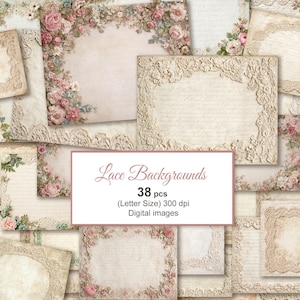 Könnte beinhalten: Eine Sammlung digitaler Hintergründe im Vintage-Stil mit Spitzenrändern und floralen Akzenten. Die Hintergründe sind in verschiedenen Formen und Größen gehalten und haben ein weiches, gealtertes Aussehen. Ein rosa Etikett zeigt den Text "Lace Backgrounds".