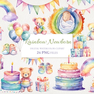 Arc-en-ciel nouveau-né anniversaire aquarelle Clipart PNG Bundle. Art de la crèche pour enfants. Illustration de l'IA. Téléchargement instantané pour un usage commercial