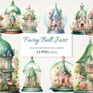 Fairy House Bell Jars Watercolor Clipart PNG Bundle. Magic Clip Art. Shabby Chic. Ilustracja AI. Natychmiastowe pobranie do użytku komercyjnego