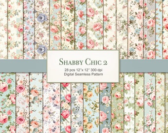 Shabby Chic 2 pages de papier à motif sans couture. Tissu fleuri vintage. Utilisation commerciale. Artisanat, scrapbooking, journal indésirable. 28 PAQUET