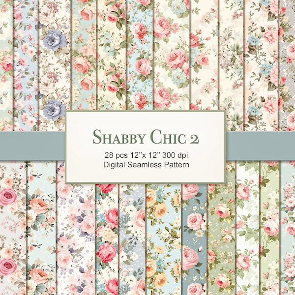 Shabby Chic 2 pages de papier à motif sans couture. Tissu fleuri vintage. Utilisation commerciale. Artisanat, scrapbooking, journal indésirable. 28 PAQUET