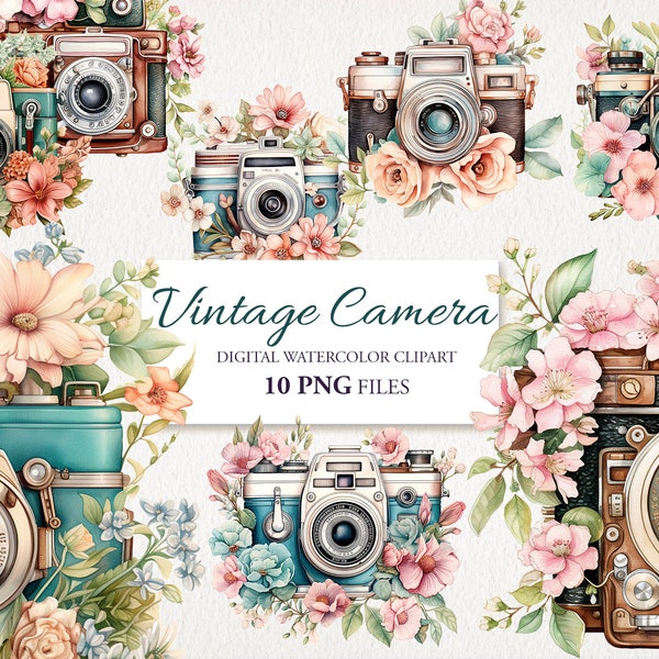 Vintage Camera Watercolor Clipart PNG Bundle. Floral Retro Cameras. Shabby Chic.  AI Illustration. Instant Download for Commercial Use