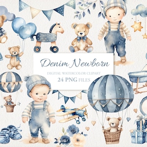 Paquete PNG de imágenes prediseñadas de acuarela de cumpleaños recién nacido azul denim. Arte infantil para bebés. Ilustración de IA. Descarga instantánea para uso comercial