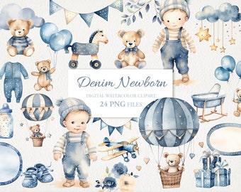 Denim Blue Newborn Birthday Watercolor Clipart PNG Bundle. Baby Children Nursery Art.  AI Illustration. Instant Download for Commercial Use