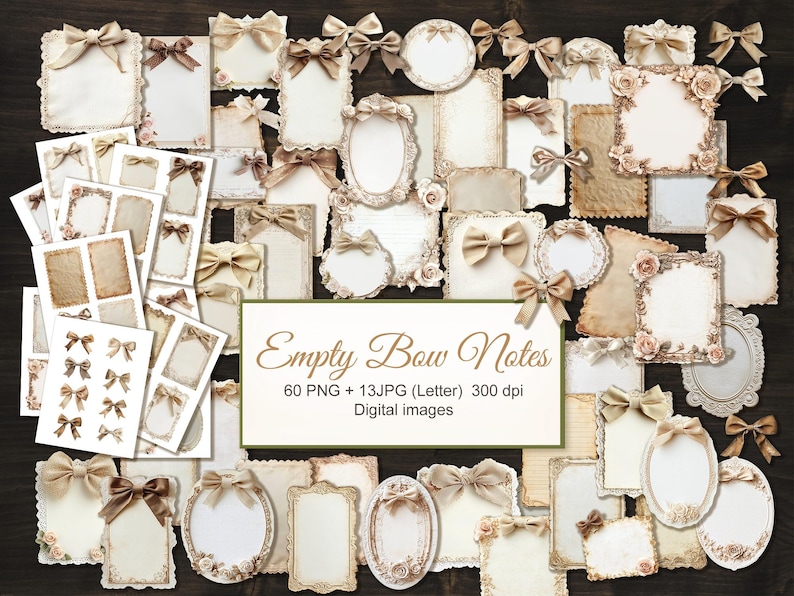 60 PNG Empty Notes With Bows. Vintage Beige Frames Labels Tags for Junk ...