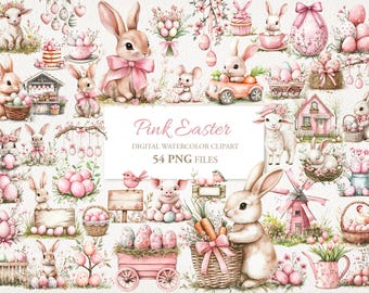 Pink Easter Watercolor Clipart Bundle. Bunny, Rabbit, Eggs. AI Illustration. Commercial Use. Scrapbook Junk Journal Cards. 54 PNG