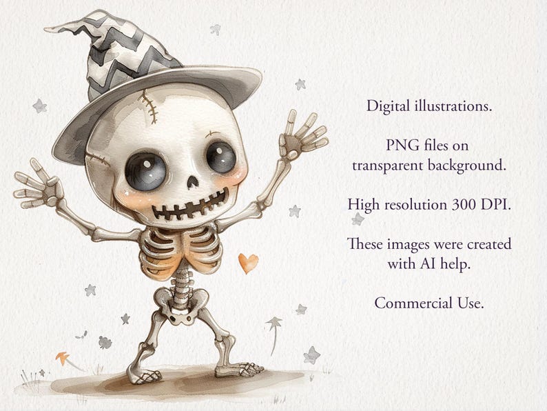 Miscevious Skeleton White Halloween Watercolor Clipart PNG Bundle. AI Illustration ...