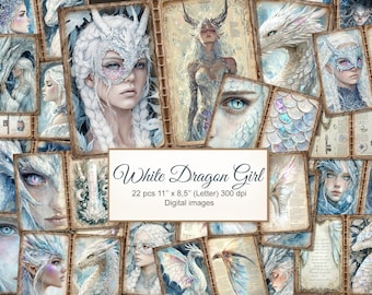 May include: A collage of 22 digital images featuring a white dragon girl with a mask, wings, and scales. The images are in a letter size (11 inches by 8.5 inches) and 300 dpi resolution.