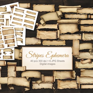 40 vintage papieren png-labels, tags perkamentstrepen. voor Junk Journal Ephemera. Digitale download. 40 png-bestanden, 6 collagevellen
