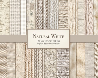 May include: A digital paper pack featuring 22 seamless patterns in natural white. The patterns include a variety of textures such as knit, lace, and fur. The pack is 12 inches by 12 inches and 300 dpi.