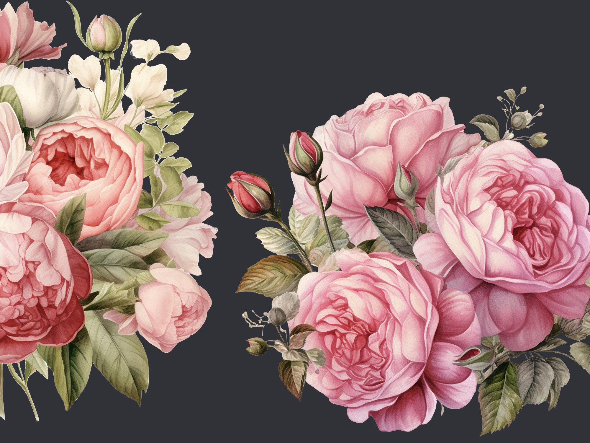 Pink Rose Peony Bouquet Watercolor Clipart PNG Bundle. Vintage Shabby ...