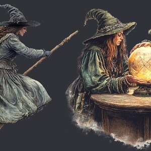 May include: Two witches in pointed hats, one flying on a broomstick and the other looking into a glowing crystal ball. The witches are wearing long, flowing robes and have long, flowing hair.
