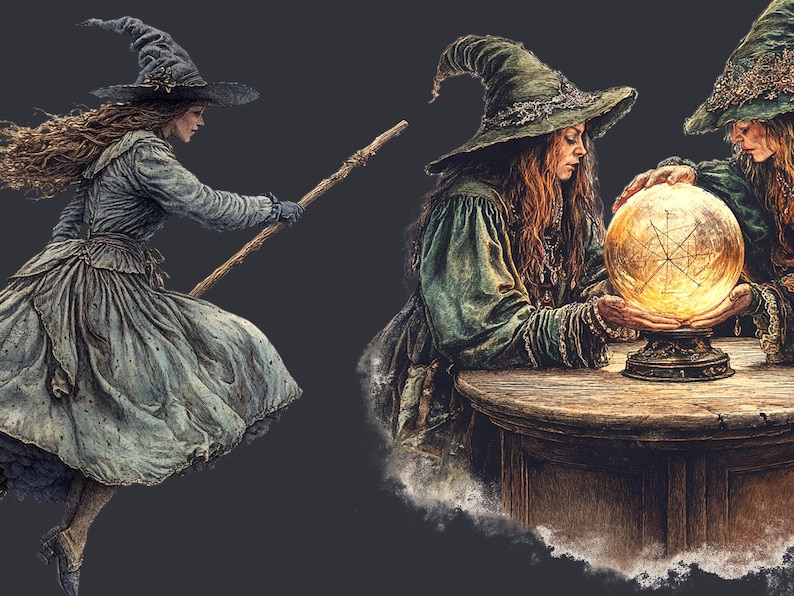 May include: Two witches in pointed hats, one flying on a broomstick and the other looking into a glowing crystal ball. The witches are wearing long, flowing robes and have long, flowing hair.
