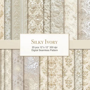 May include: A set of 25 digital seamless patterns in ivory and gold. The patterns feature a damask design and are 12 inches by 12 inches at 300 dpi. Silky Ivory Digital Seamless Pattern.