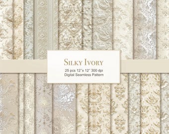 May include: A set of 25 digital seamless patterns in ivory and gold. The patterns feature a damask design and are 12 inches by 12 inches at 300 dpi. Silky Ivory Digital Seamless Pattern.