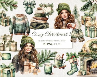 May include: A digital watercolor clipart set with a cozy Christmas theme. The set includes 20 PNG files featuring illustrations of a woman wearing a green knit hat and scarf, a green knit sweater, a green knit mitten, a green and white striped stocking, a green and white gift box, a green and white Christmas tree, a green and white wreath, a green and white fireplace, a green and white mug, a green and white candle, and a green and white ornament.