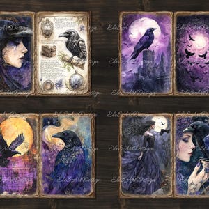 May include: Set of eight vintage-style cards featuring illustrations of ravens and women in purple and black clothing. The cards have a dark, mystical theme.
