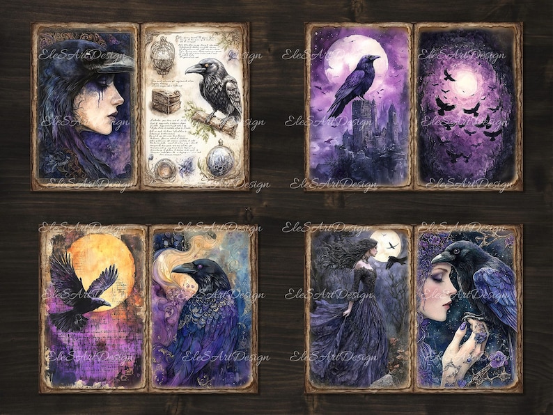 May include: Set of eight vintage-style cards featuring illustrations of ravens and women in purple and black clothing. The cards have a dark, mystical theme.